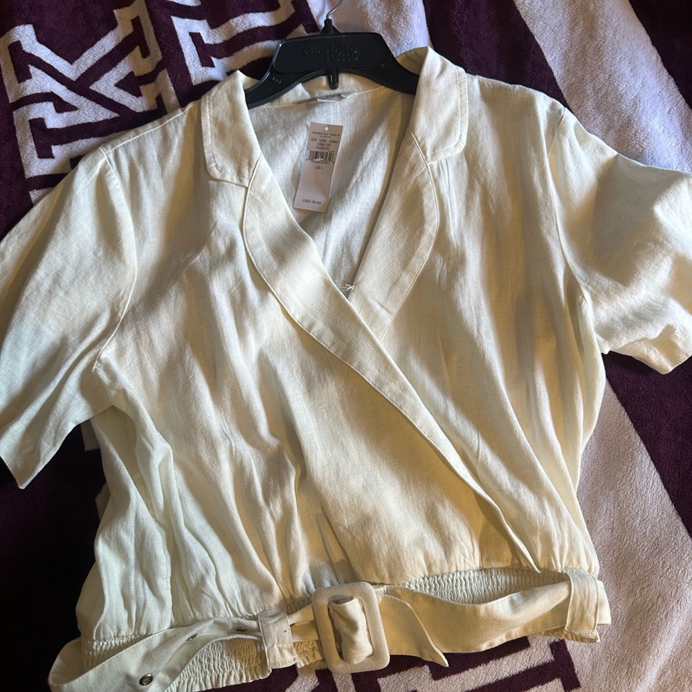 American Eagle Outfitters Cream Wrap Blouse with Tie Front